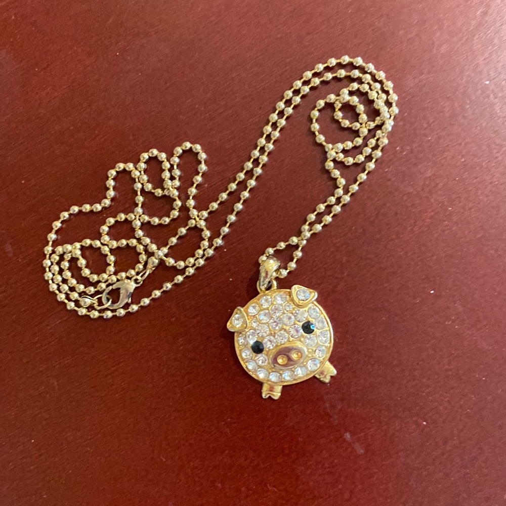 Rhinestone Gold tone pig necklace